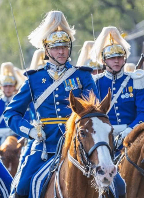 Swedish Cavalry with blue uniforms and white plumes.